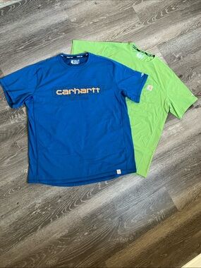 Carhartt Men’s Blue and Lime Green Short-Sleeve Logo Tees